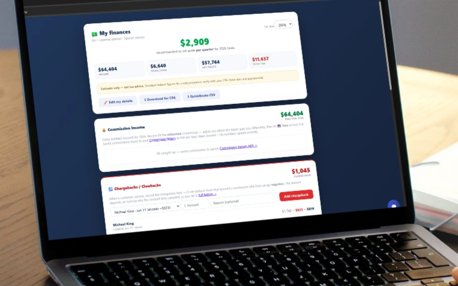 FieldStacker 1099 financials showing real commission, chargebacks and a quarterly tax set-aside