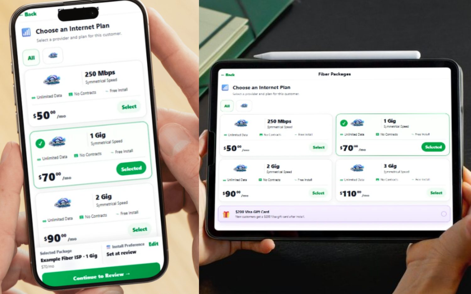 FieldStacker fiber plan picker on a phone and tablet — 250 Mbps, 1 Gig, 2 Gig and 3 Gig symmetrical plans with monthly pricing and a new-customer gift-card promo, selected at the door