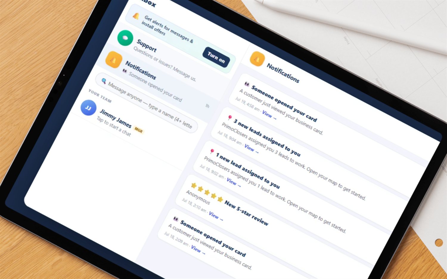 FieldStacker inbox and notifications on a tablet — new leads assigned to a rep, team messaging, plus card-view and 5-star review alerts