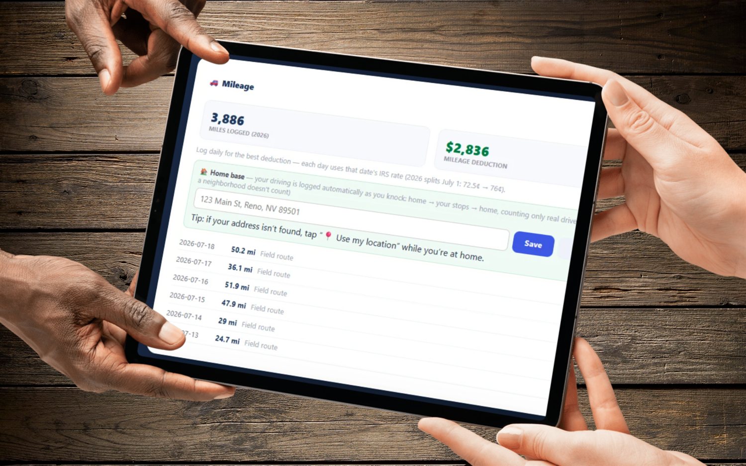 FieldStacker mileage tracker on a tablet — real road miles logged per day and auto-priced at the IRS rate into a running yearly deduction