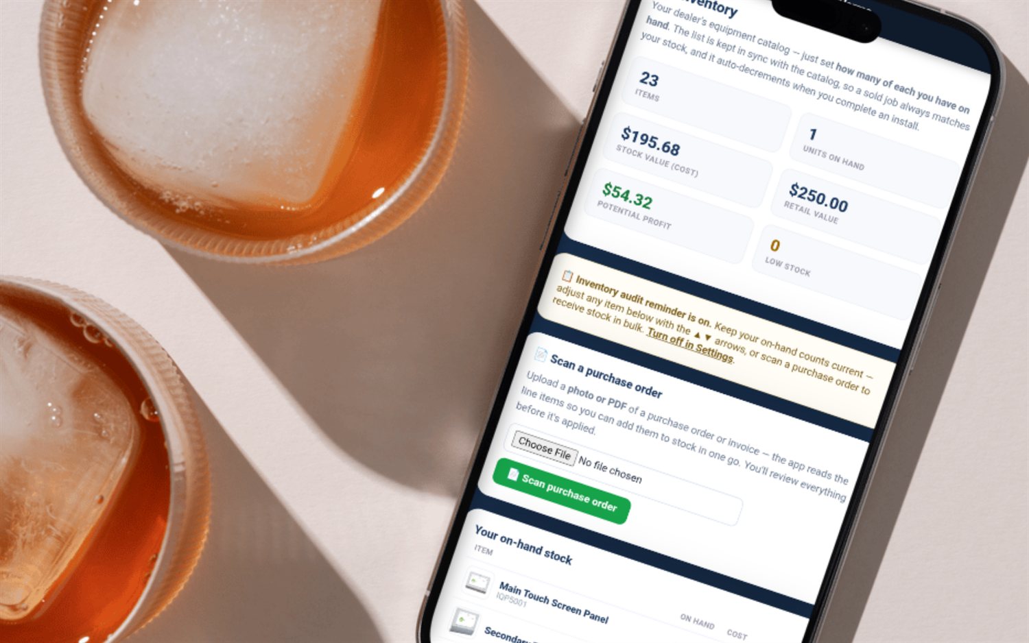 FieldStacker technician inventory on a phone — on-hand counts, stock value and potential profit, with completed installs auto-deducting the stock used