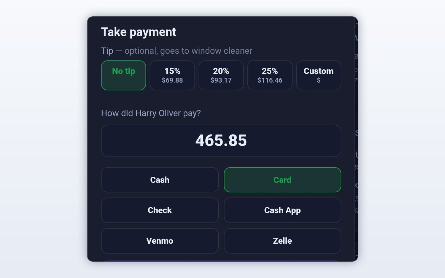 Taking payment for a cleaning job on a phone in FieldStacker: an optional tip for the cleaner, and buttons to record cash, card, check, Cash App, Venmo or Zelle